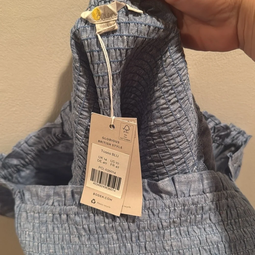 NWT Boden Carrie Light Blue Smocked Linen Blouse US10